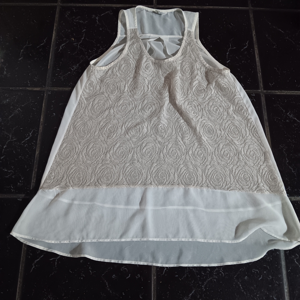 Charming Charlie White Gold Flowy  Sheer Tank Top Size M Y2k